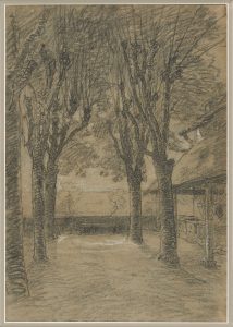 F.A.R., La terrasse de la maison de Ravier à Morestel, s.d. vers 1870.  Dessin mine de plomb sur papier gris bleu, rehaut de craie blanche, 52x30 cm. Coll. part.