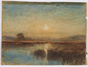 F.A.R., Etang de L’Aleva, coucher de soleil entre les joncs, s.d. vers 1875. Aquarelle, 22x30 cm, signé en bas à gauche. Coll. part.