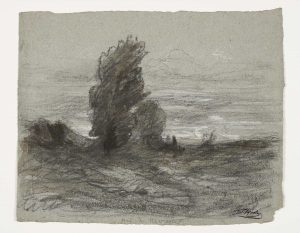 F.A.R., Etude bosquet d’arbres à Roche, près de Morestel, s.d. vers 1867-70. Dessin  à la pierre noire et rehauts de craie blanche, cachet de la signature en bas à droite, 27x39 cm. Coll. part.