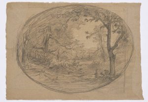 F.A.R., Paysage arboré dans un ovale, s.d. vers 1860-1867. Dessin  à la pierre noire et rehauts de craie blanche, signé en bas à droite sous l’ovale, 30,5x42 cm. Coll. part.