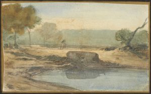 F.A.R., Campagne romaine bord de lac,  S.d. vers 1842. Aquarelle et rehauts de gouache, 10x15 cm, non signé. Coll. part.