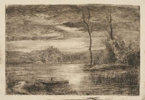 F.A.R., Inspiration Corot, Etang avec barque, non situé. S.d. vers 1855-1860. Gravure à l’eau-forte,  23x33 cm, non signé. Coll. part.