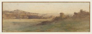 F.A.R.,, Paysage panoramique vers Crémieu,  S.d. vers 1855. Aquarelle 9,5x27 cm, signé en bas à droite. Coll. part.