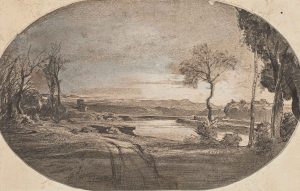 F.A.R., Le Tibre à Ponte Molle, 1846. 1846. Dessin à la plume, encre noire et rehauts de gouache sur héliogravure, 11x17,5 cm, signé en bas à gauche. Coll. part
