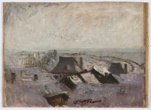 F.A.R., Les toits de Morestel sous la neige. S.d. vers 1878. Huile sur toile marouflée sur carton, 26x36 cm. Cachet de la signature en bas au milieu à droite. Coll. part.