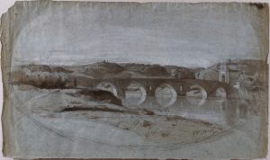 F.A. Ravier, Pont Milvius à Rome, lavis d'encre et gouache blanche  sur papier bleu, coll. CBT